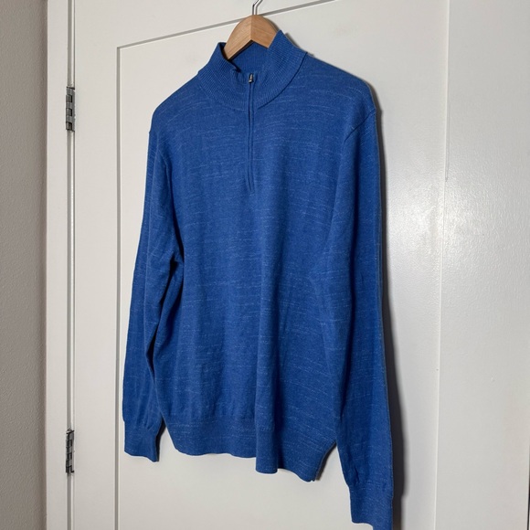 J Crew Sweater Men Sz L Blue Raglan Half Zip Long Sleeve Mock Neck Cotton Casual - Picture 2 of 11